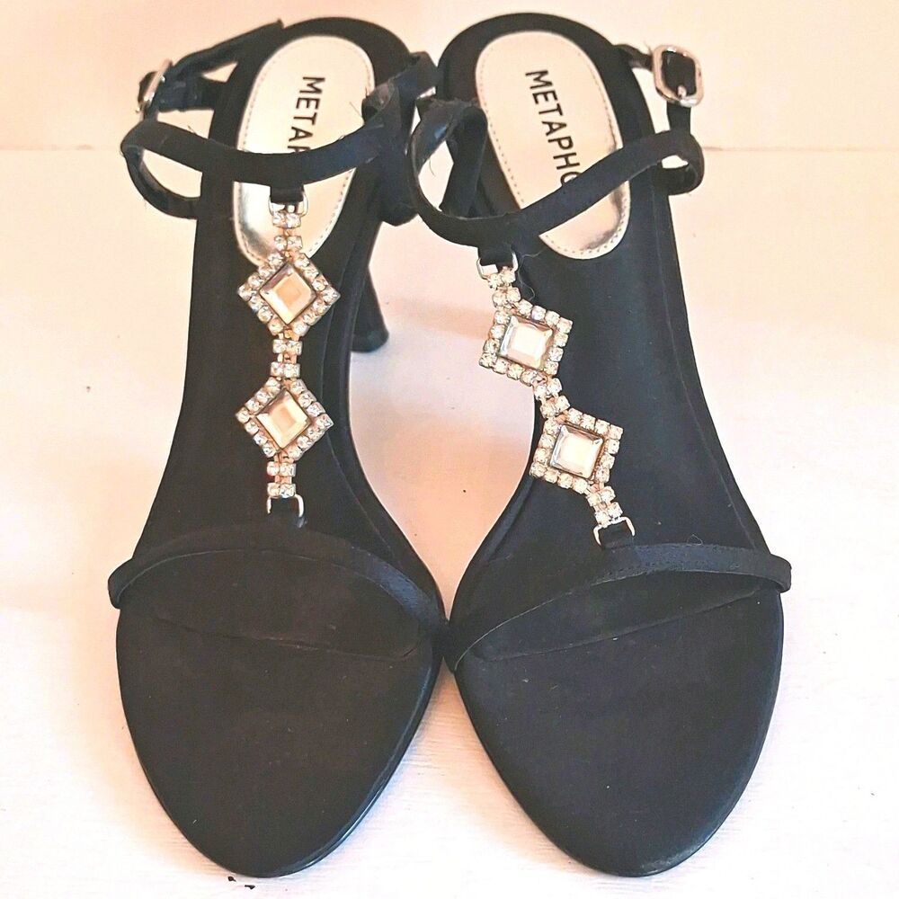 Metaphor black strappy rhinestone ankle strap heels women's US 6